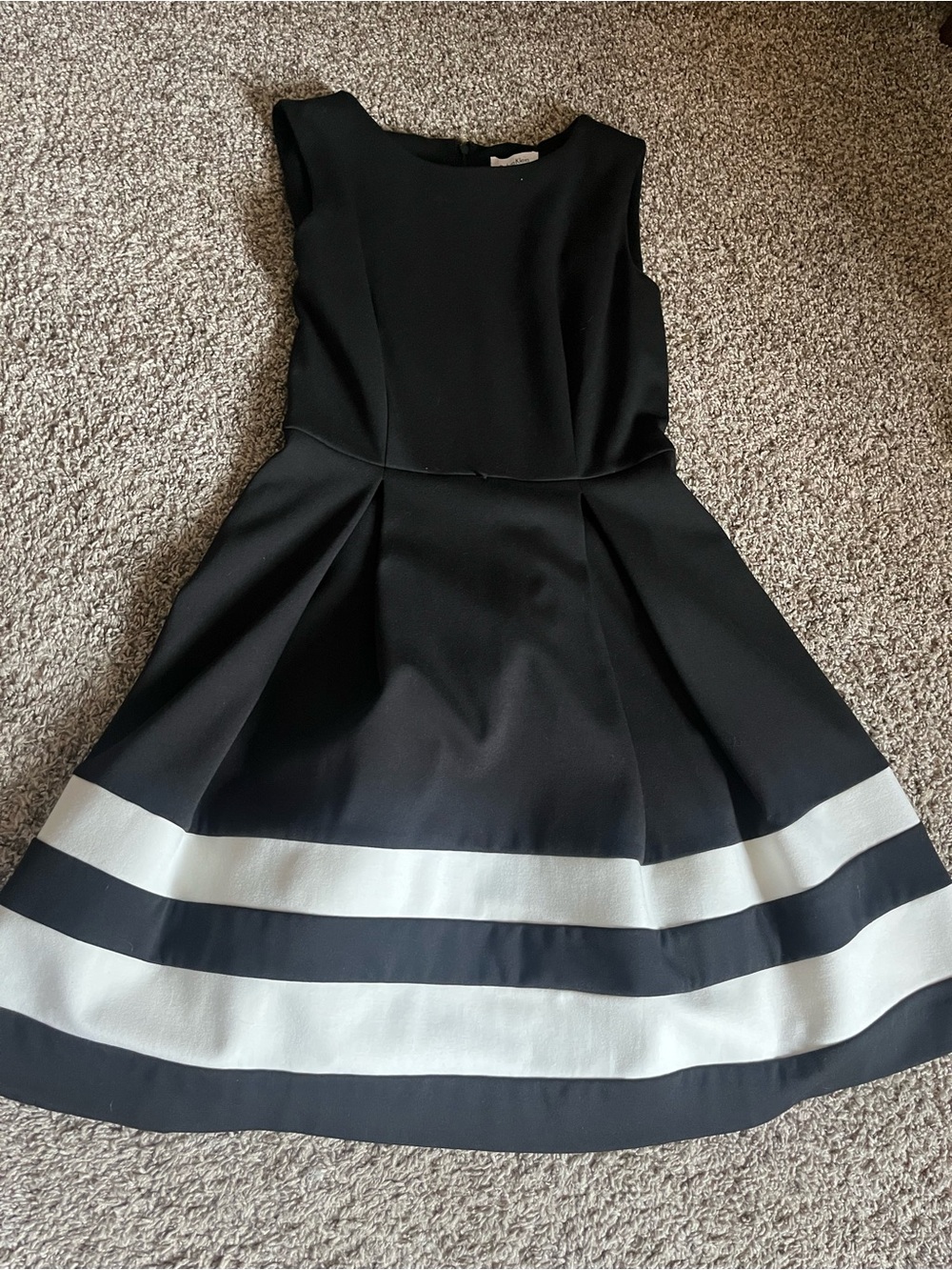 Calvin Klein Size 4 Black Midi Dress with White Hem Stripes. Timeless Style